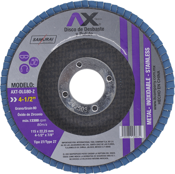 Disco Laminado De Oxido De Zirconio Grado 80, 4 1/2"Ax Tech AXT-DLG80-Z