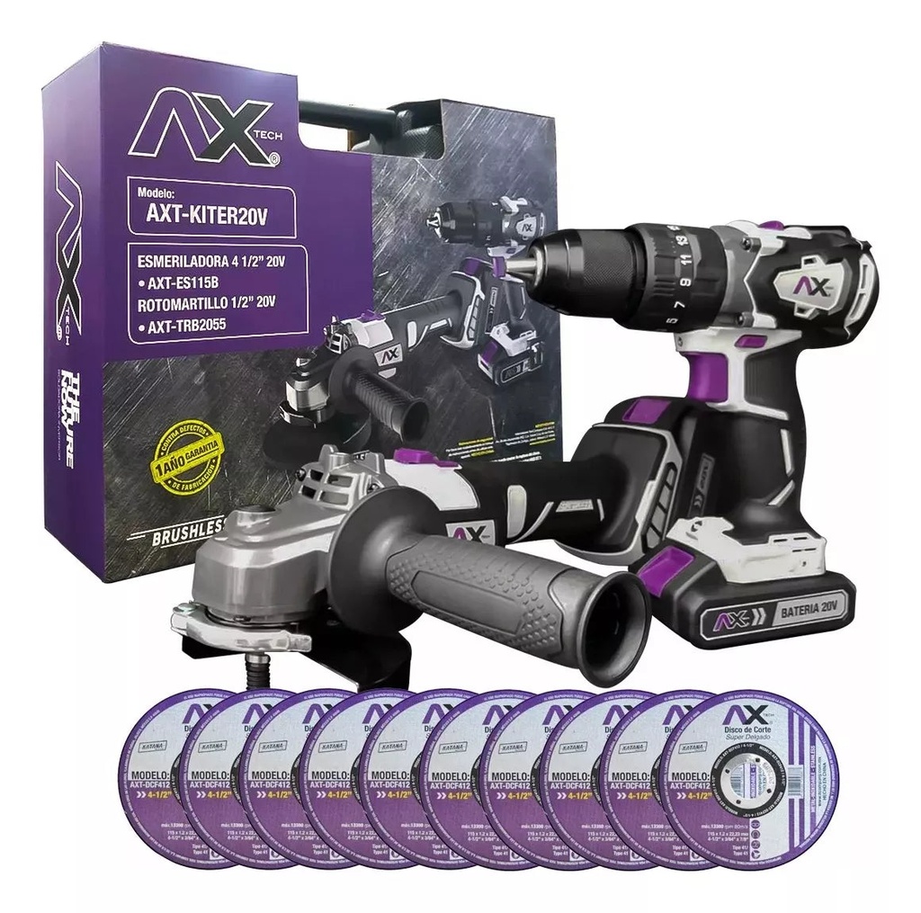 Combo Esmeriladora Y Taladro En Maleta Plástica Y 10 Discos 4 1/2" Ax tech AXT-KITER20V