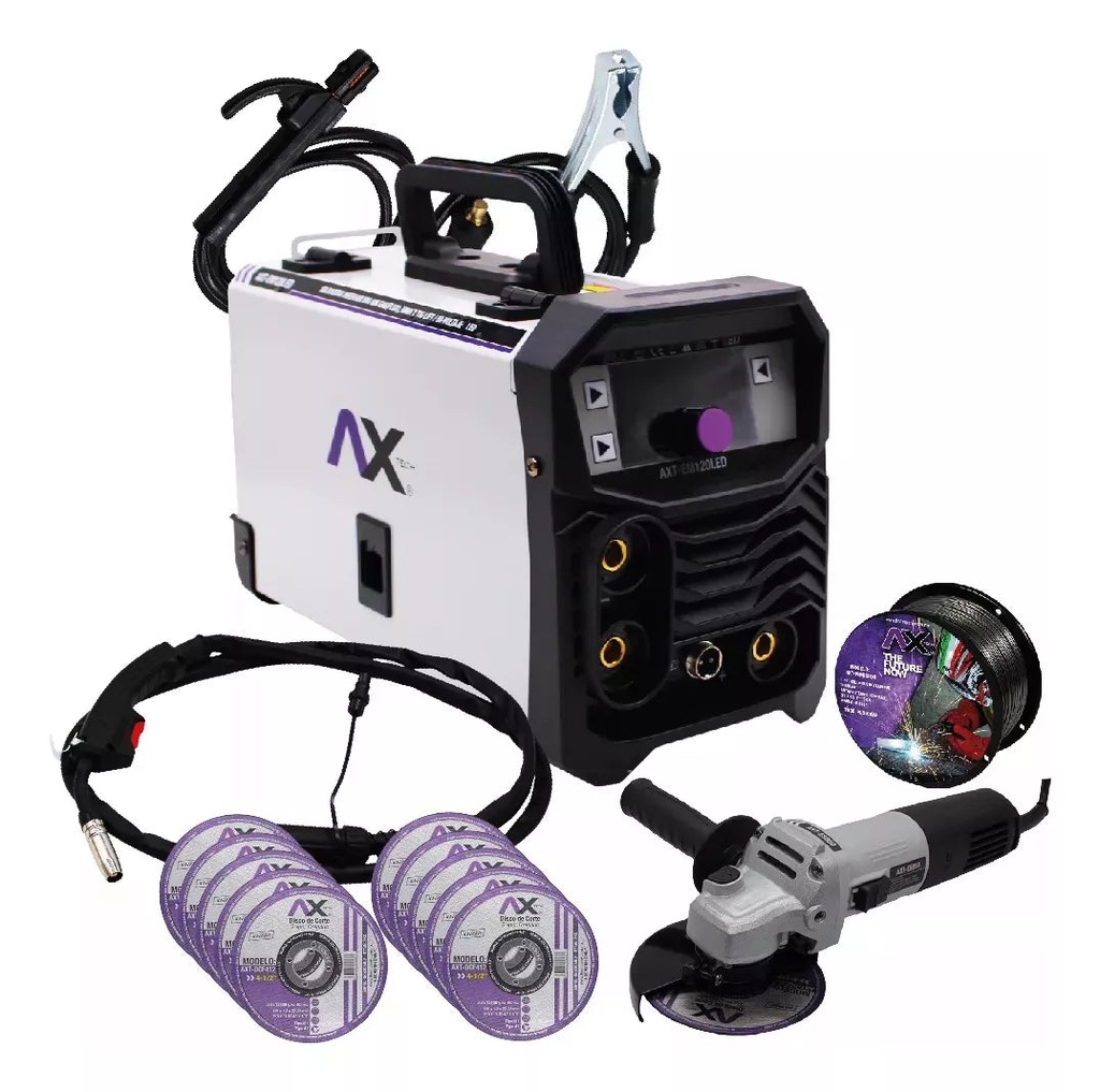 Combo Soldadora Inversor Microalambre 1 Kg / Electrodo Y TIG LIFT 120A, 110/220 Con Esmeriladora, 10 Discos Y Rollo De 1 Kg AXT-EM120LED-C1