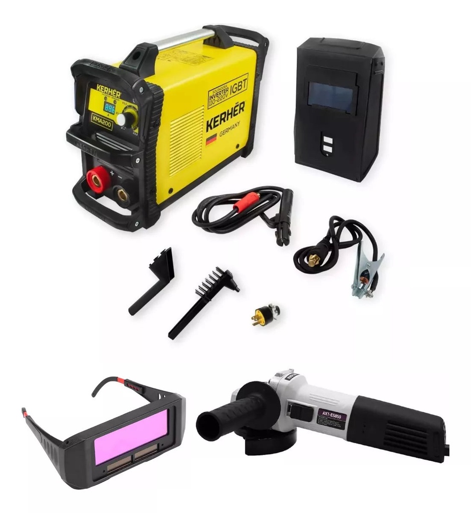 Combo Soldadora Mma 200amp Kma200 + Lentes De Soldar + Esmeriladora