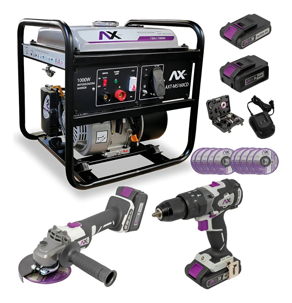 Combo Motosoldadora gasolina 70/130 A, 110 V/60 Hz, 7 HP, 1,000 W AXT-MS160CD, corriente directa con AXT-KITER20V AxTech AXT-MS160CD-C1