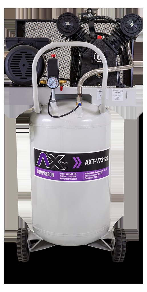 Compresor Vertical 72Lts Cabezal 2 Pistones EN V Motor Carroll 3HP, 110-220V, Ax Tech AXT-V73120