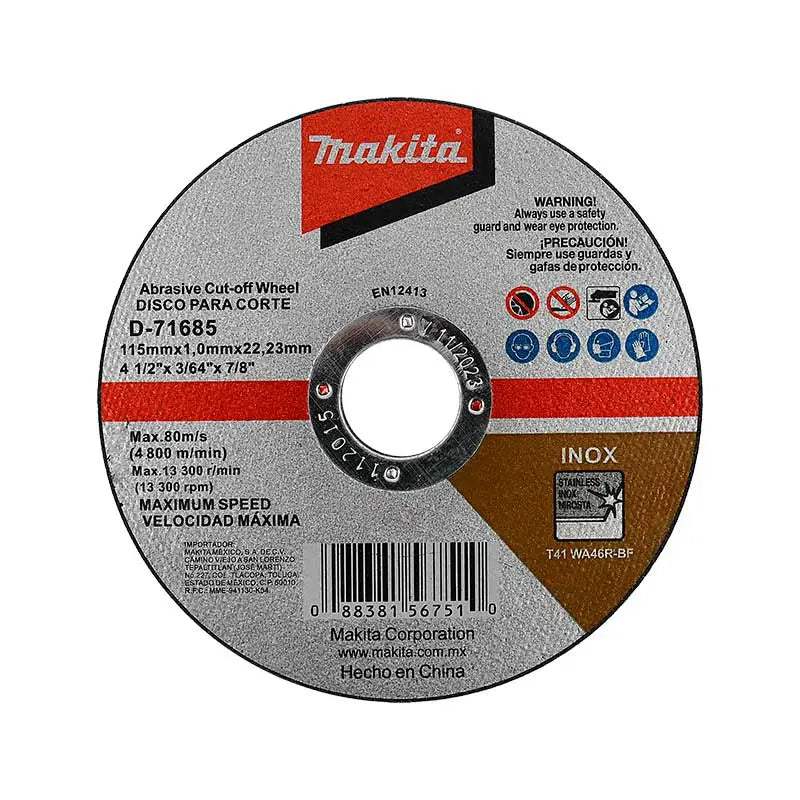 Disco Abrasivo P/Corte Acero Inoxidable 115X1.0mm 4 1/2 D-71685