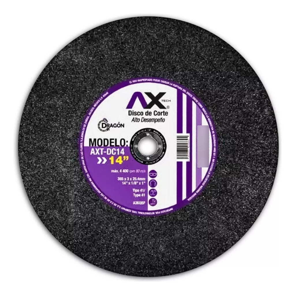 Disco De Corte Abrasivo T41 14" X 1/8" X 1" Para Corte De Metal Y Acero Inoxidable (10 pzs) AXT-DC14