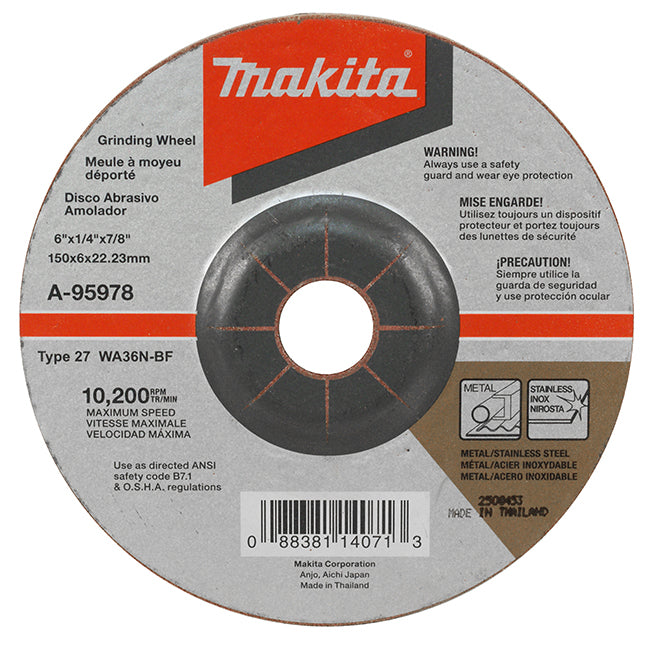 Disco para Esmeril Inoxidable de 6" x 1/4" x 7/8", Grano 36 Makita A-95978-5