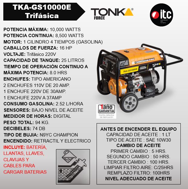 GENERADOR TRIFASICO 10,000Wtts, 16HP, 120/240V, 60Hz, MARCHA, BATERIA,LLANTAS Y MANIBELAS TKA-GST10000E