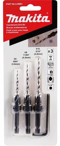 Juego de Brocas 3 Pzas Avellanador para Madera Hex. 1/4" (9/64''-#6, 11/64''-#8, 3/16''-#10) Makita A-99661