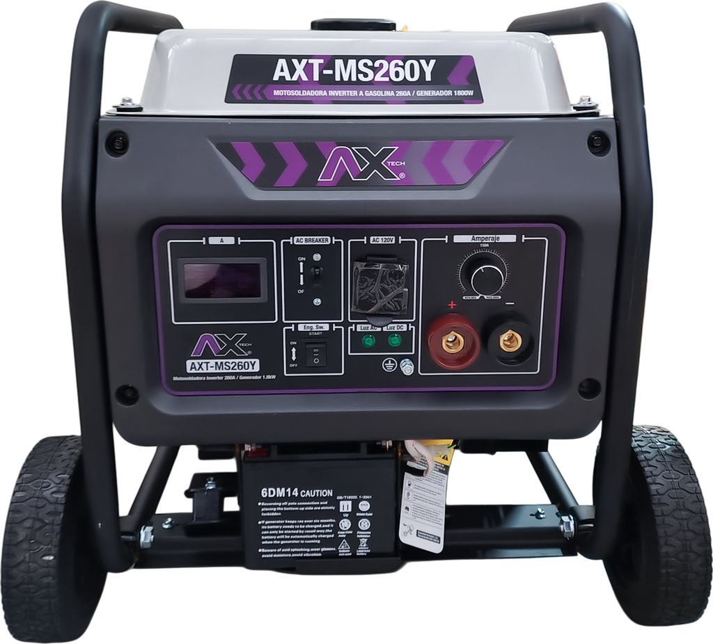 Motosoldadora a gasolina inverter, 260 A, 110 V, 60 Hz, 14 HP, 1800 W, con marcha y batería AxTech AXT-MS260Y