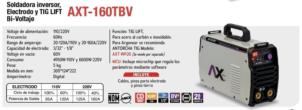Soldadora Inversor Electrodo Y TIG LIFT 160A, 110-220V Ax Tech AXT-160TBV