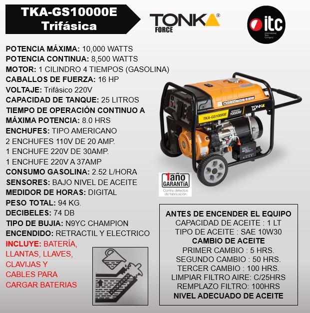 [TKA-GS10000E] Tonka Generador 10,000wtts, 16hp, 120/240v, 60hz, Marcha, Bateria,llantas Y Manibelas