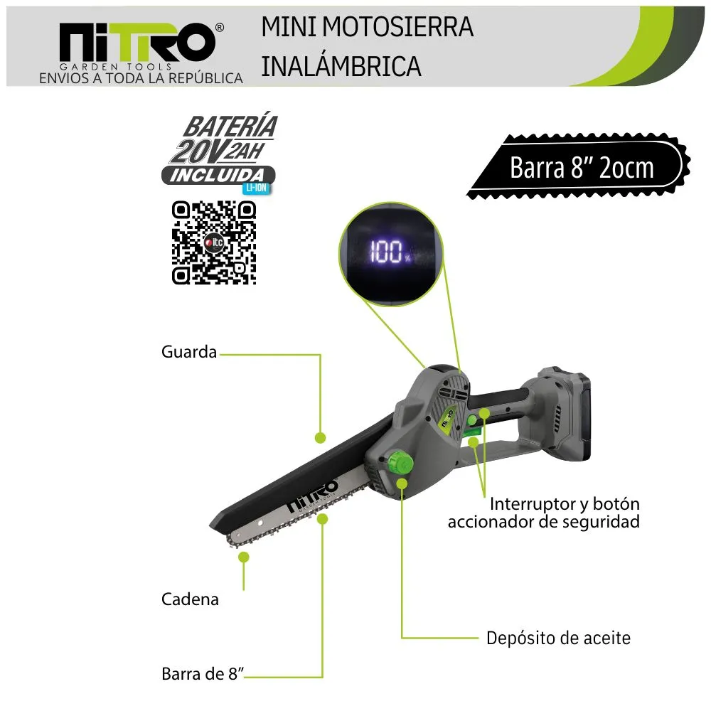 [NIT-MSB101] NIT-MSB101 MOTOSIERRA INALÁMBRICA 420W, BRUSHLESS, BARRA DE 8″, 1 BATERÍA 20V