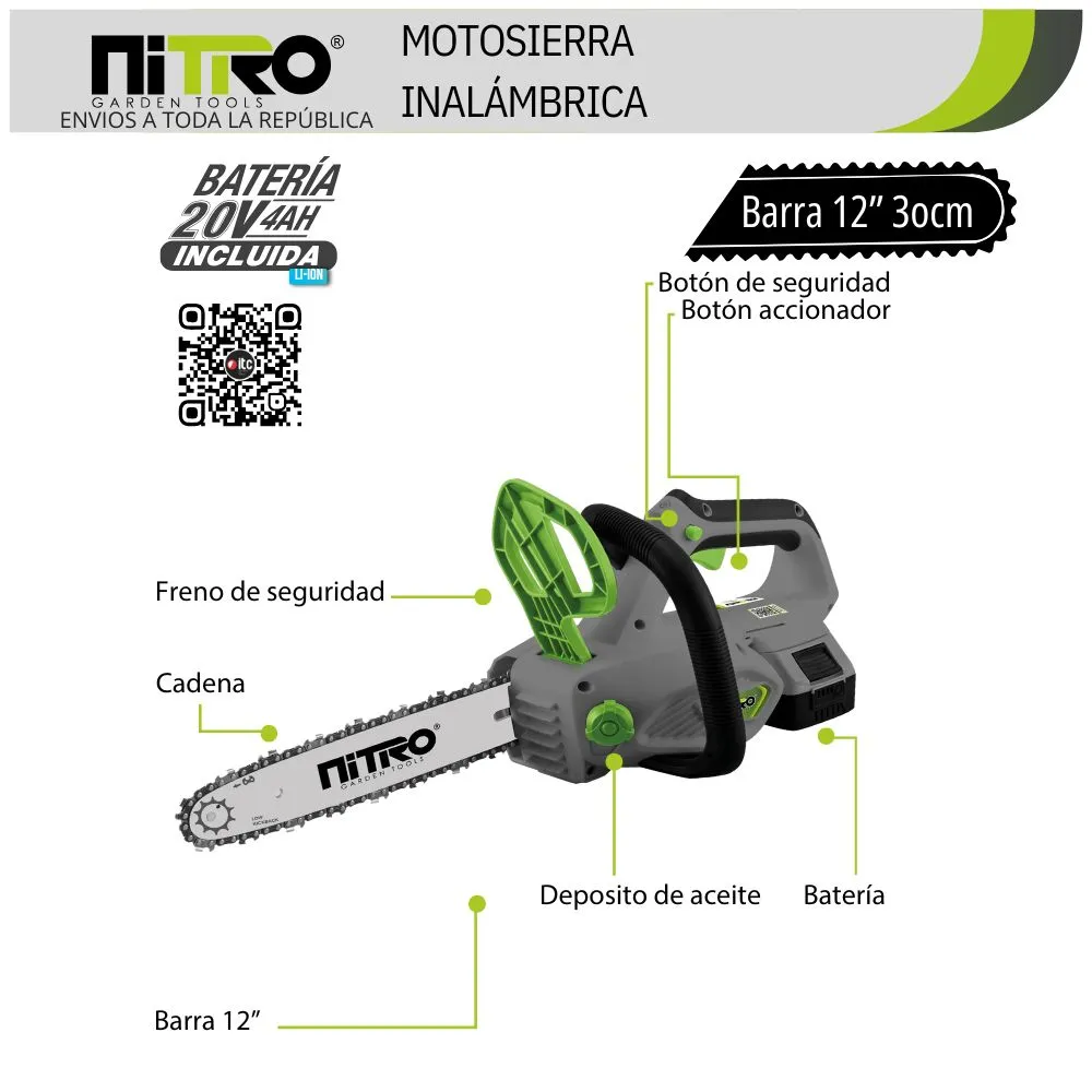 [NIT-MSB105] NIT-MSB105 MOTOSIERRA INALÁMBRICA 560W, BARRA DE 10″, 1 BATERÍA 20V