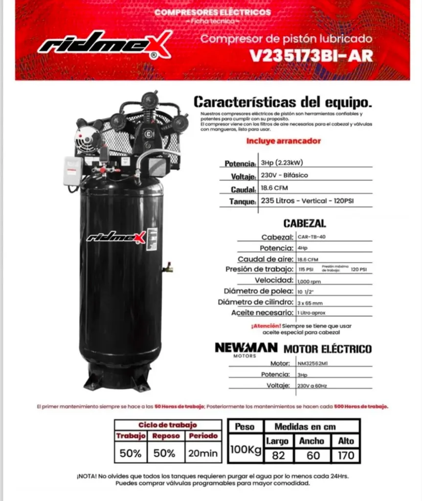 Compresor de pistón Ridmex 235 lts 120 psi